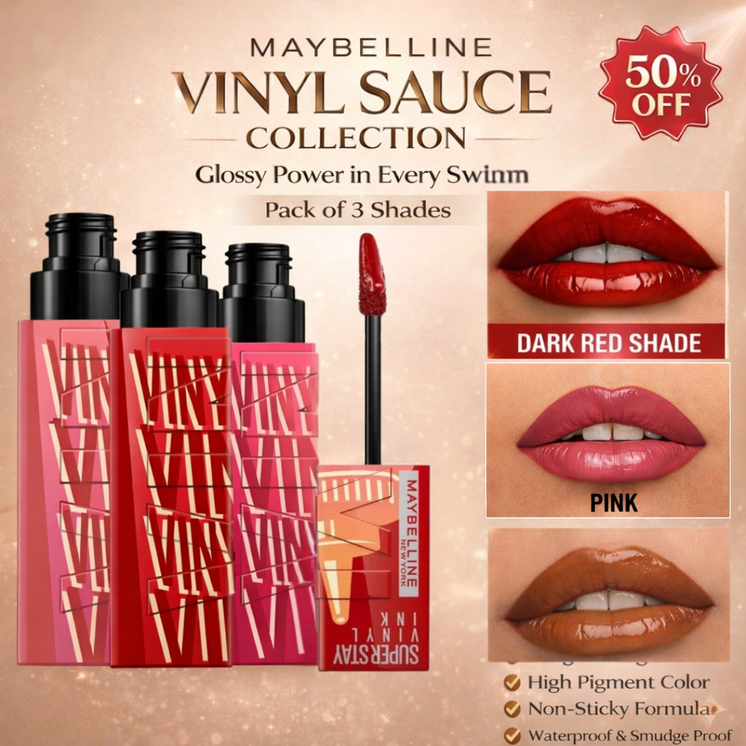 Maybelline Superstay Vinyl Ink Lipstick Set - 16H Wear, Transfer-Proof & Non-Sticky Glossy Finish (Pack of 3)