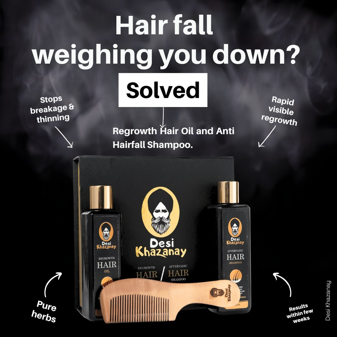Desi Khazanay Hair Growth Oil + Ayurvedic Shampoo – Stops Hair Fall, Strengthens Roots, Promotes Regrowth, Reduces Dandruff – With Amla, Bhringraj, Onion Seed & Keratin