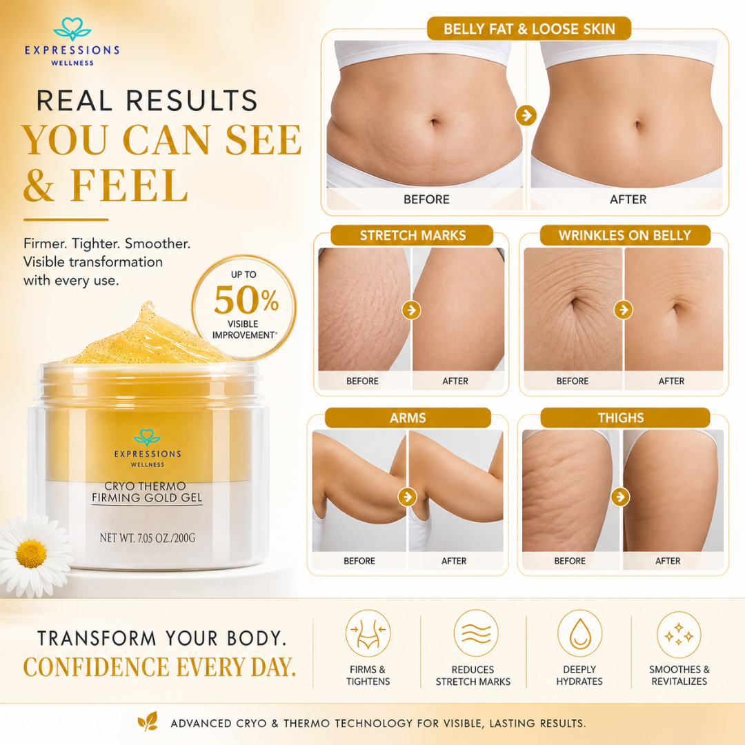 Expressions Wellness Cryo Thermo Firming Gold Gel – Infused with 24K Gold – Firms, Tightens & Transforms Skin – Reduces Stretch Marks, Wrinkles & Cellulite – For Belly, Arms, Thighs & Body Contouring