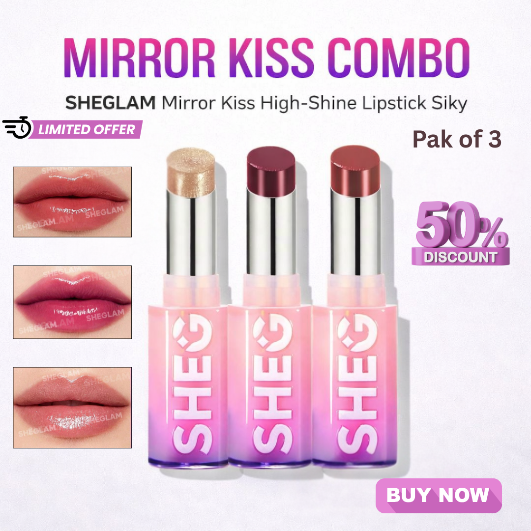 SHEGLAM Mirror Kiss High-Shine Lipstick Combo | Pack of 3 | Buildable Glossy Color + Skin-Friendly Oils