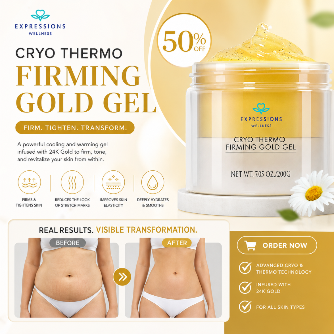 Expressions Wellness Cryo Thermo Firming Gold Gel – Infused with 24K Gold – Firms, Tightens & Transforms Skin – Reduces Stretch Marks, Wrinkles & Cellulite – For Belly, Arms, Thighs & Body Contouring