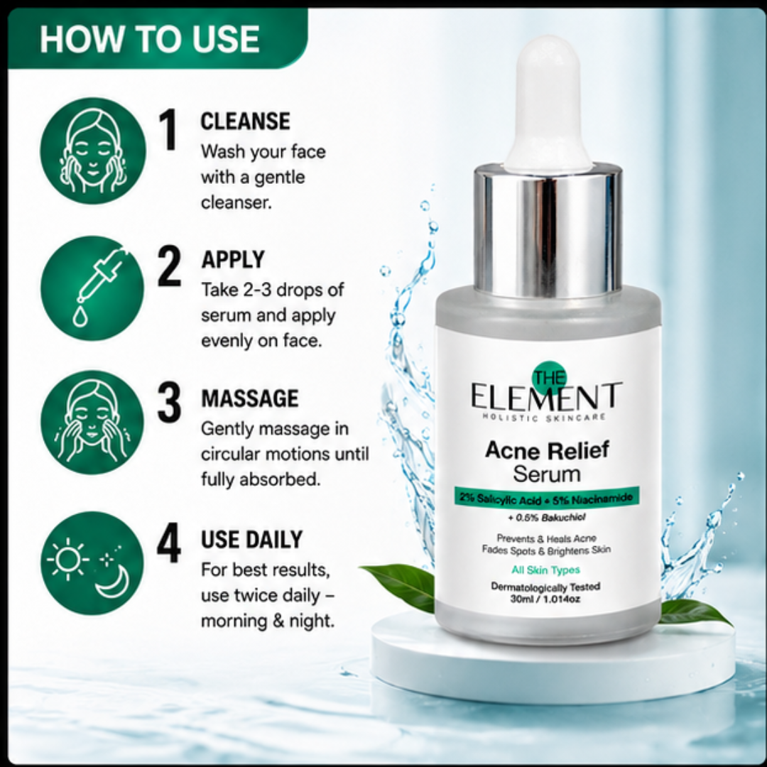 The Element Acne Relief Serum – Clear Acne, Control Oil & Reveal Clearer Skin – Triple Action Acne Defense – Fights Acne, Controls Oil, Minimizes Pores, Fades Marks