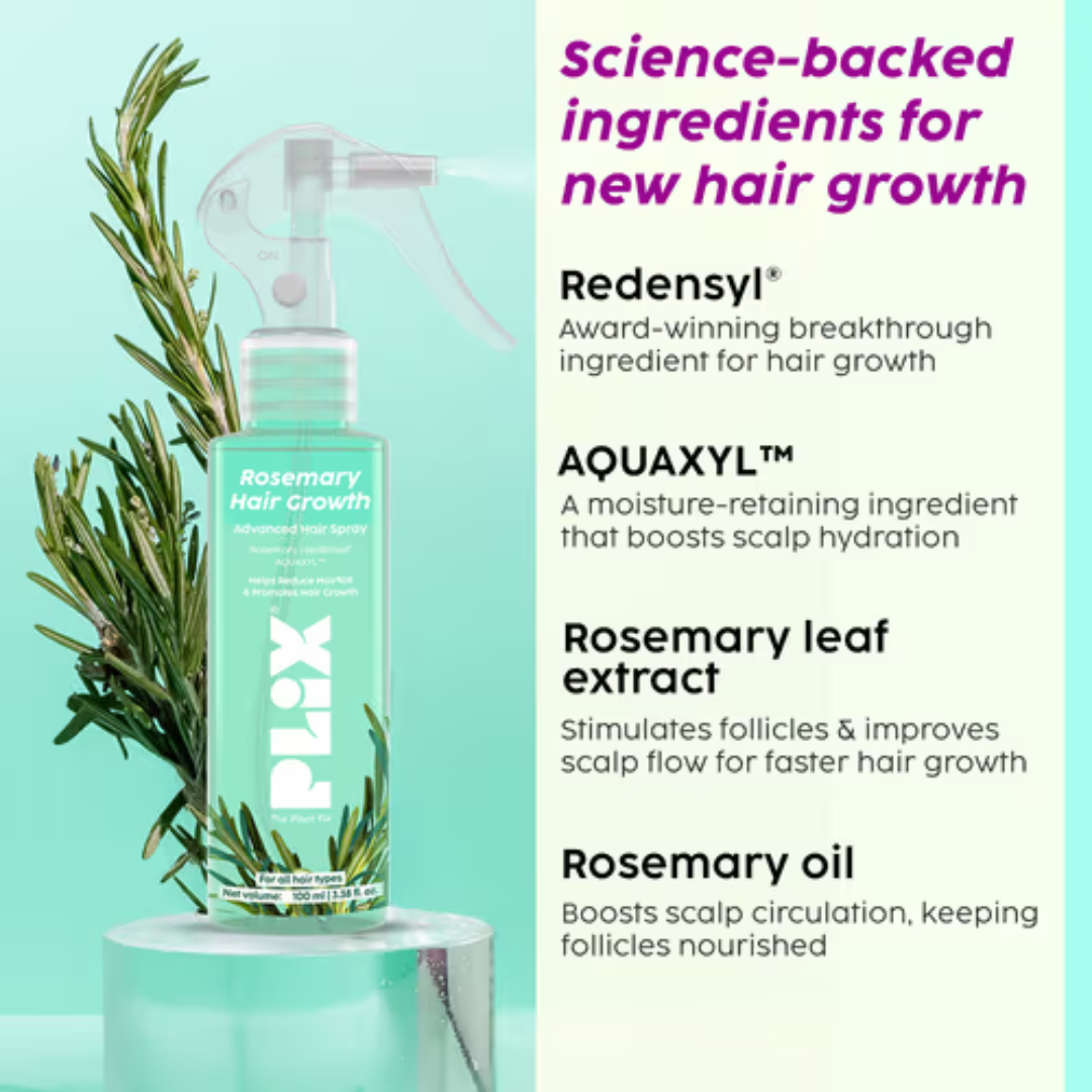 Plix Rosemary Hair Growth Advanced Hair Spray | Redensyl + Aquaxyl + Rosemary Oil | Reduces Hair Fall, Boosts Growth & Strengthens Roots