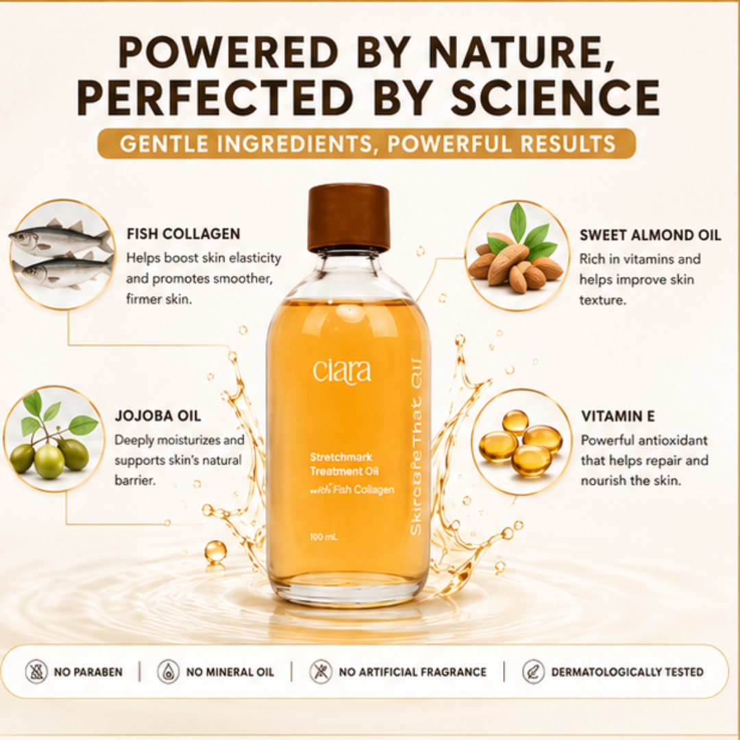 Ciara Stretchmarks Treatment Oil – Fade Stretchmarks on Belly & Thighs – With Fish Collagen – Nourish, Repair & Renew – Deeply Hydrates, Improves Elasticity – Safe for Sensitive Skin