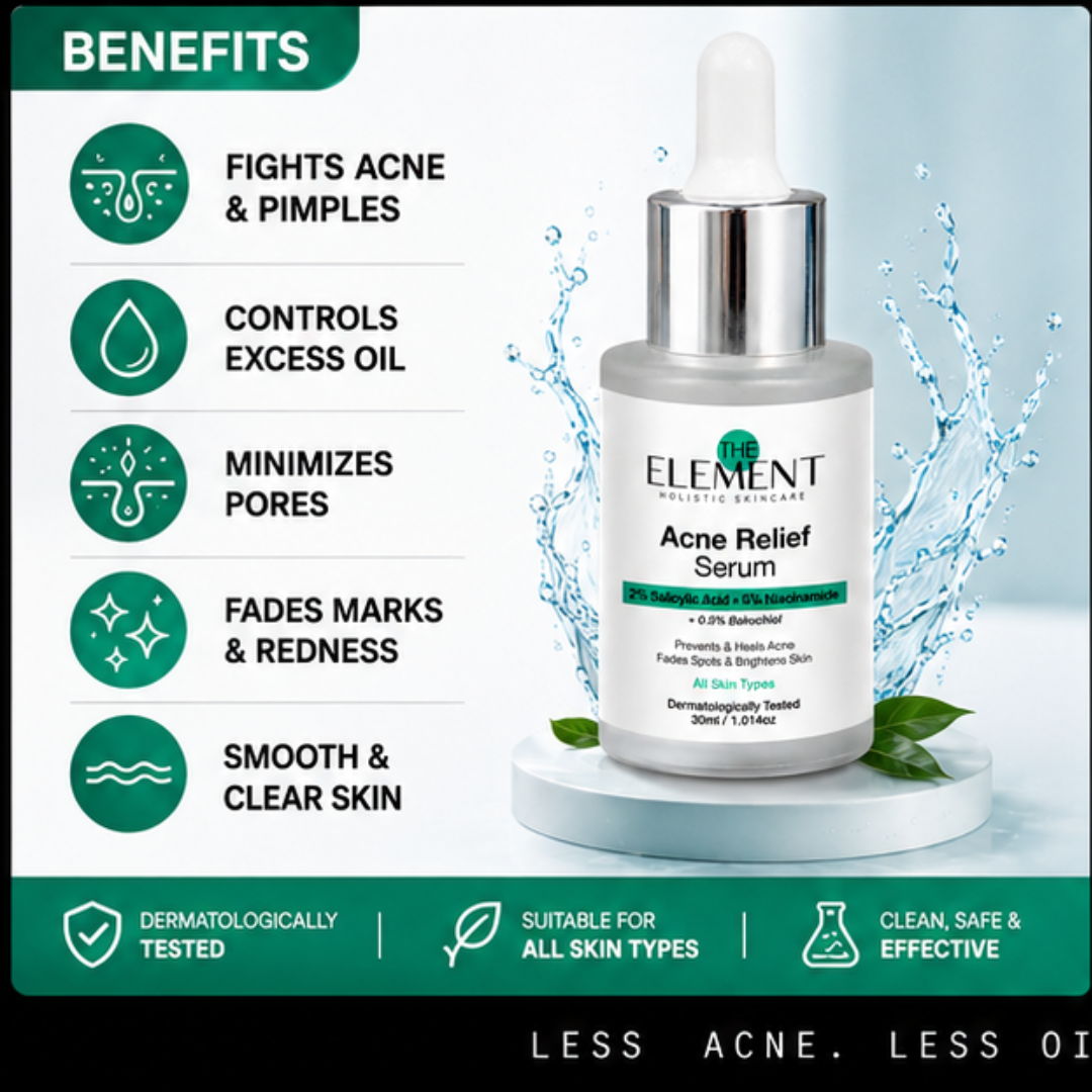 The Element Acne Relief Serum – Clear Acne, Control Oil & Reveal Clearer Skin – Triple Action Acne Defense – Fights Acne, Controls Oil, Minimizes Pores, Fades Marks