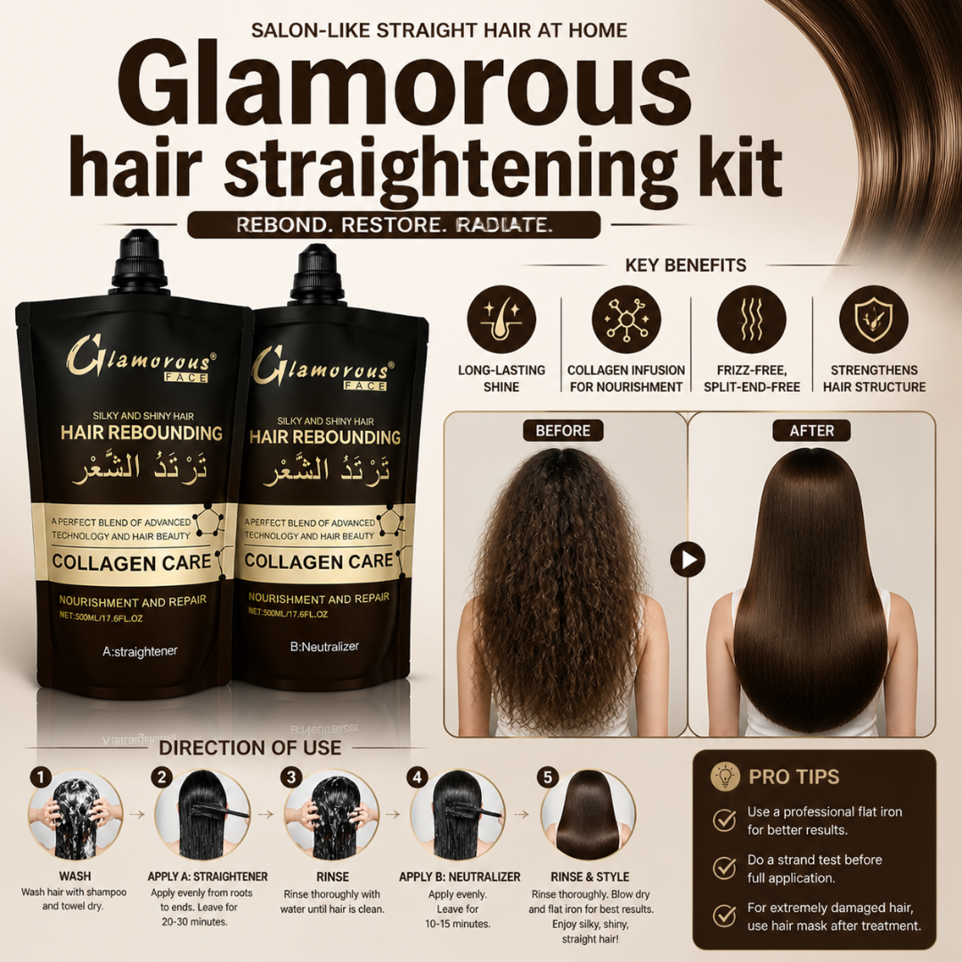 Glamorous Hair Straightening Kit - Rebound, Restore & Radiate – With Collagen Care – Silky, Smooth & Straight Hair – Frizz-Free, Split-End-Free, Long-Lasting Shine