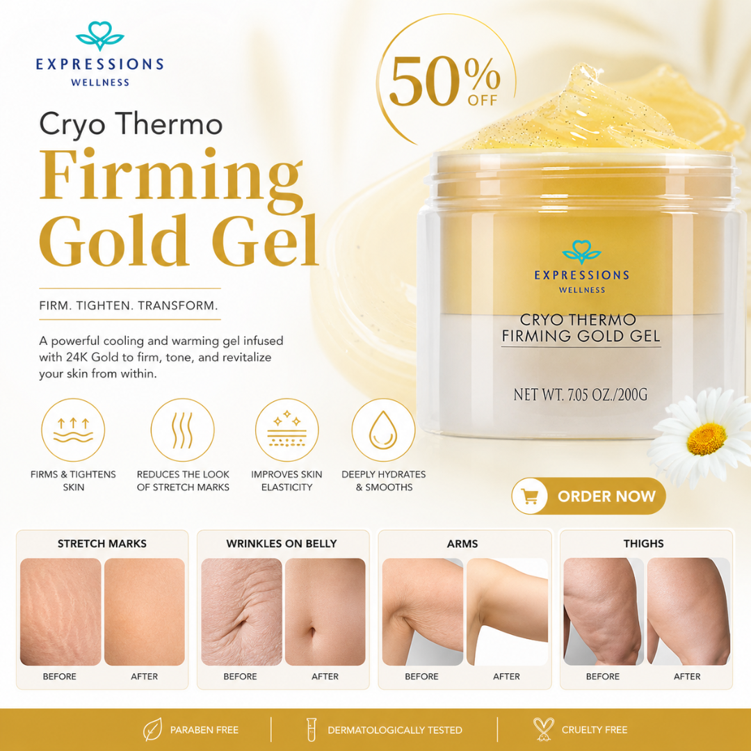 Expressions Wellness Cryo Thermo Firming Gold Gel – Infused with 24K Gold – Firms, Tightens & Transforms Skin – Reduces Stretch Marks, Wrinkles & Cellulite – For Belly, Arms, Thighs & Body Contouring