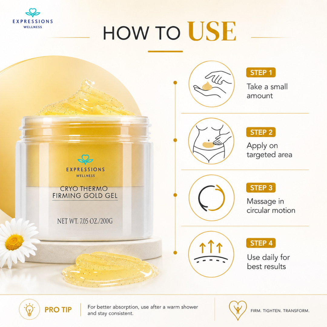 Expressions Wellness Cryo Thermo Firming Gold Gel – Infused with 24K Gold – Firms, Tightens & Transforms Skin – Reduces Stretch Marks, Wrinkles & Cellulite – For Belly, Arms, Thighs & Body Contouring