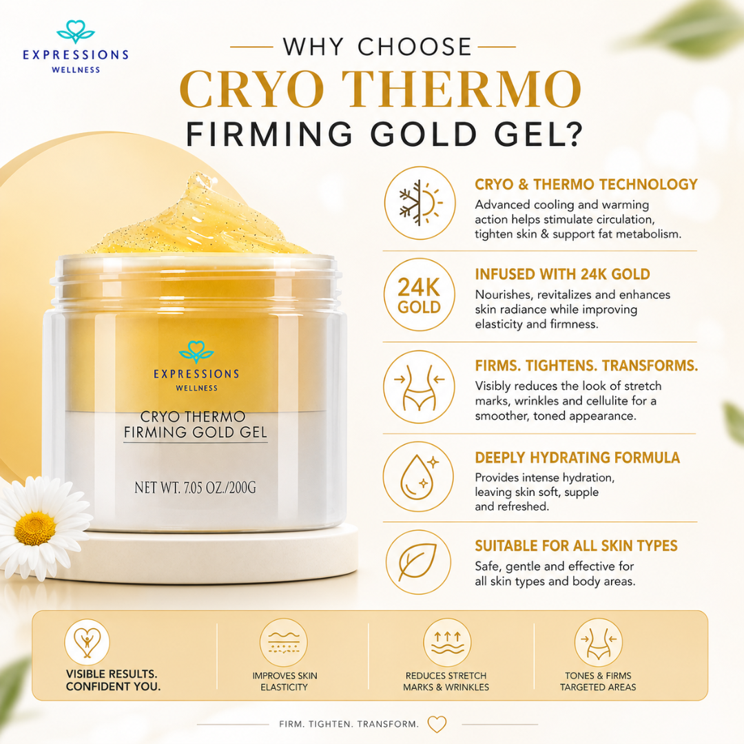 Expressions Wellness Cryo Thermo Firming Gold Gel – Infused with 24K Gold – Firms, Tightens & Transforms Skin – Reduces Stretch Marks, Wrinkles & Cellulite – For Belly, Arms, Thighs & Body Contouring