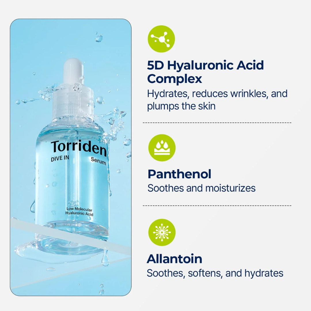 Torriden Dive In Hyaluronic Acid Serum | 5D Hyaluronic Acid Complex + Panthenol + Allantoin | 48H Deep Hydration, Soothes & Plumps Skin