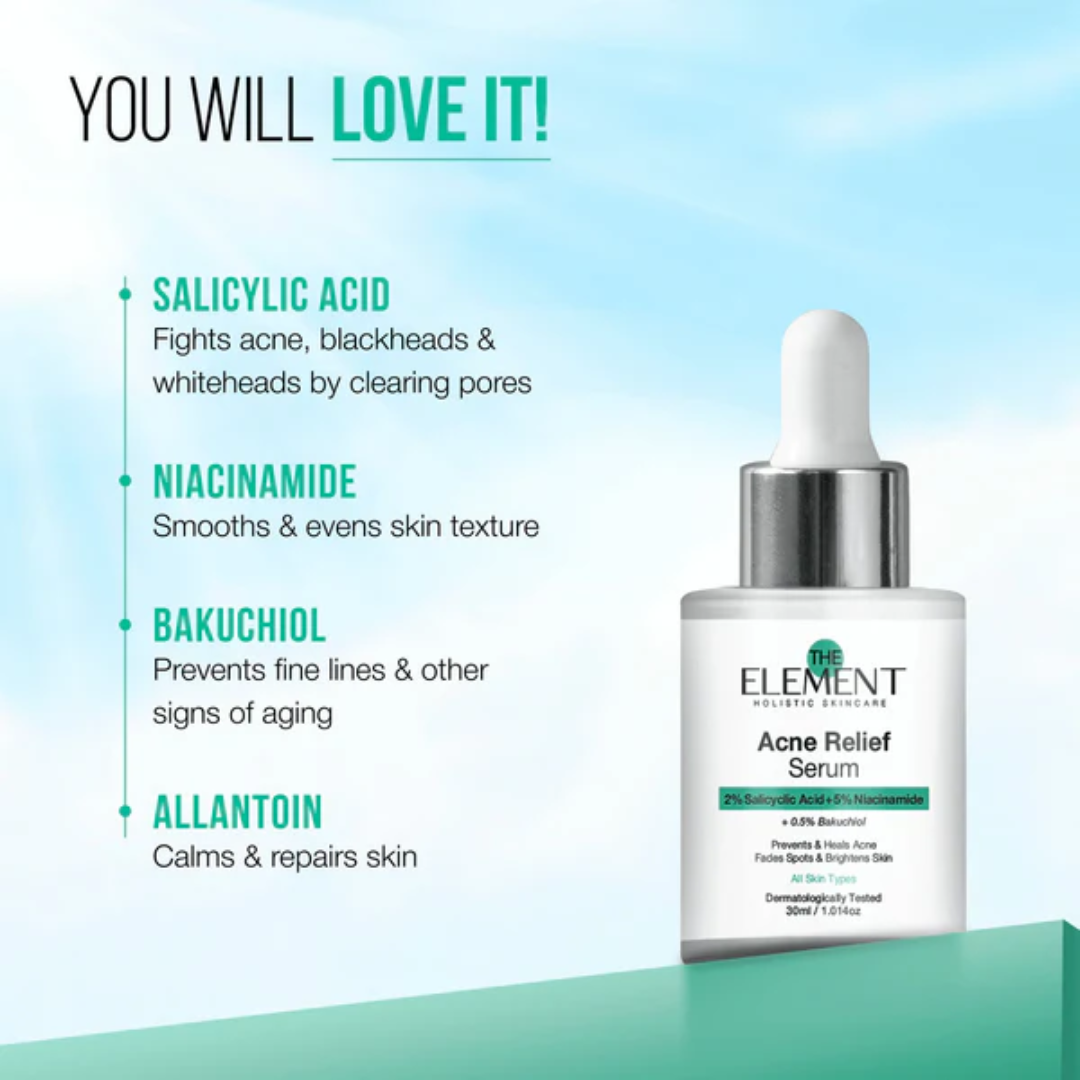 The Element Acne Relief Serum – Clear Acne, Control Oil & Reveal Clearer Skin – Triple Action Acne Defense – Fights Acne, Controls Oil, Minimizes Pores, Fades Marks