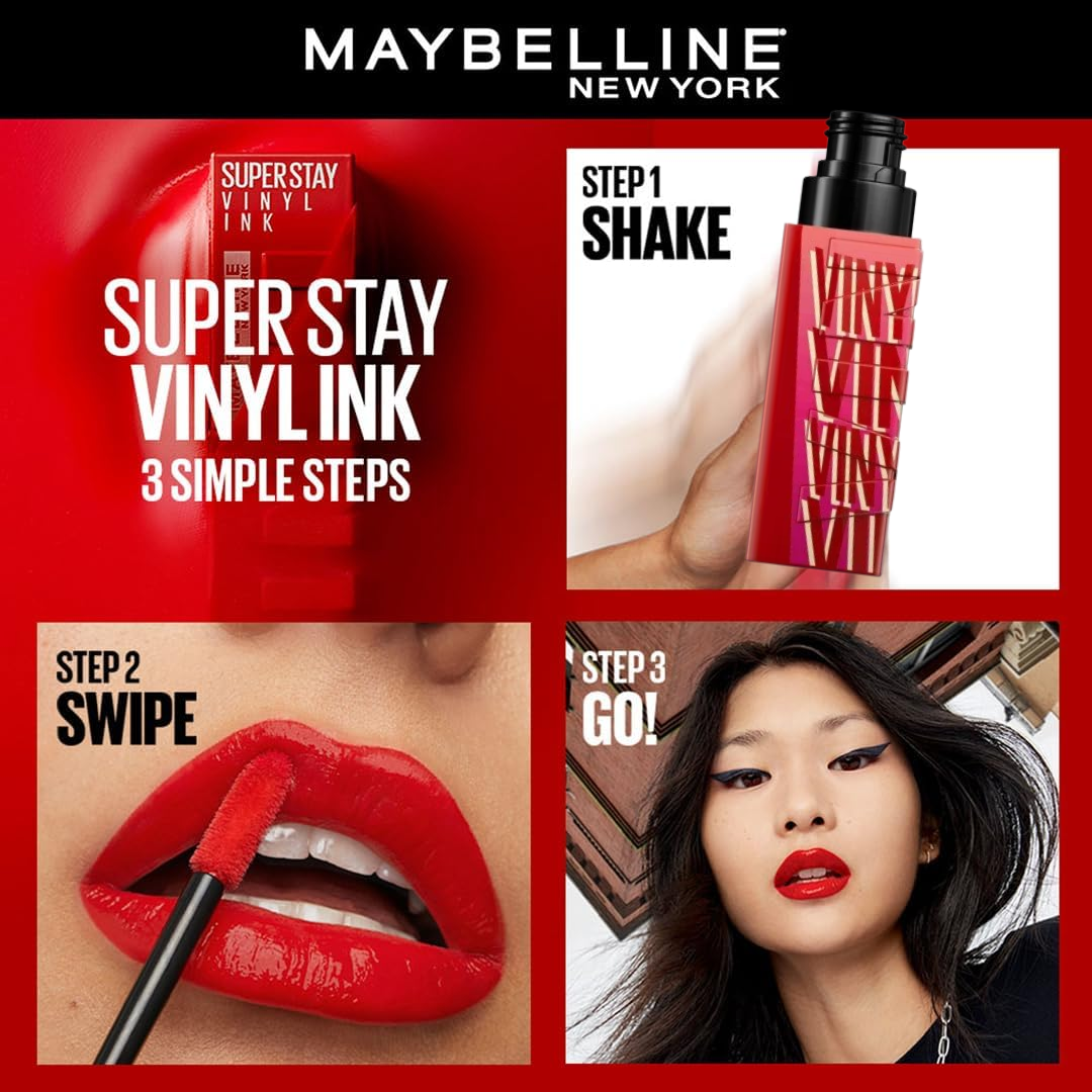 Maybelline Superstay Vinyl Ink Lipstick Set - 16H Wear, Transfer-Proof & Non-Sticky Glossy Finish (Pack of 3)