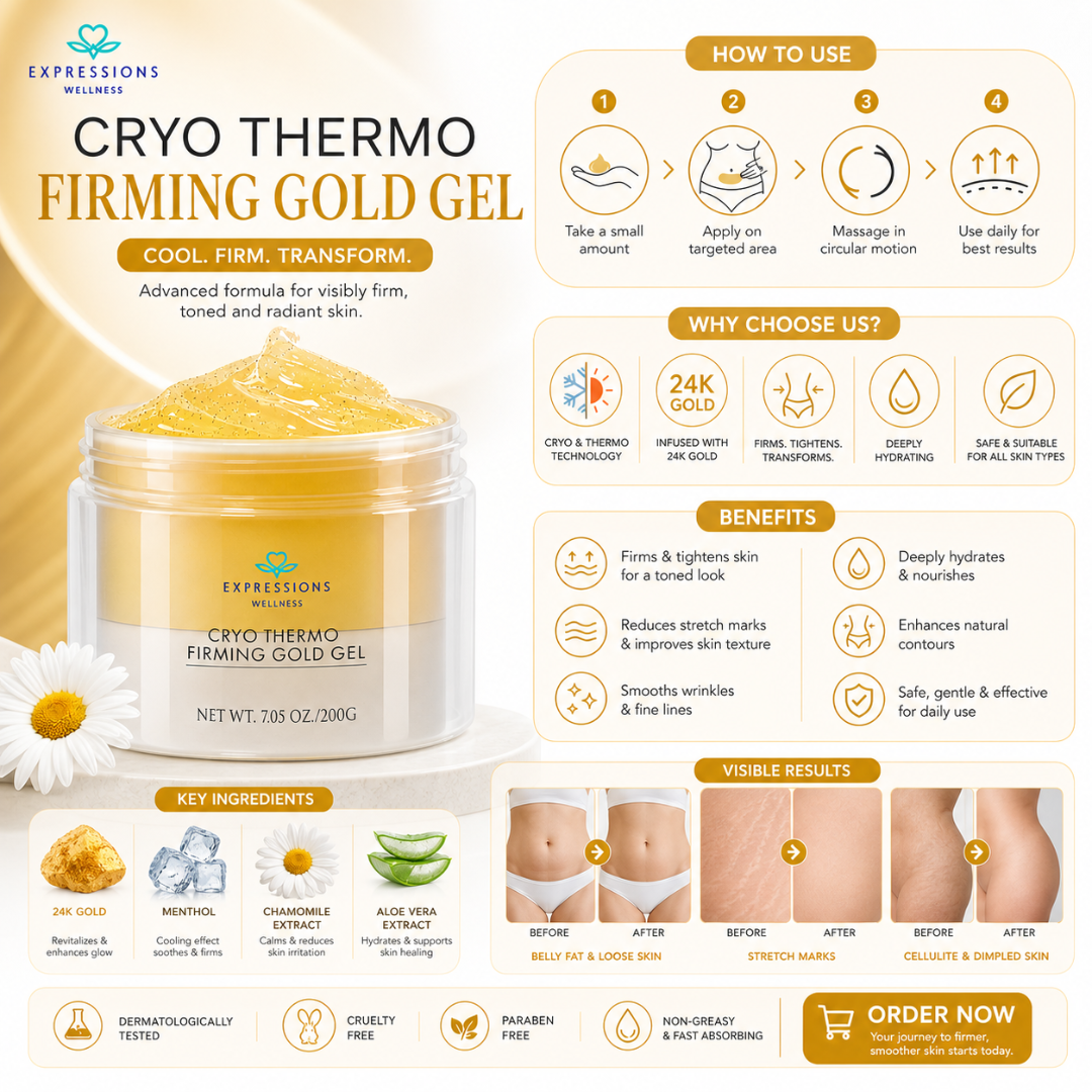 Expressions Wellness Cryo Thermo Firming Gold Gel – Infused with 24K Gold – Firms, Tightens & Transforms Skin – Reduces Stretch Marks, Wrinkles & Cellulite – For Belly, Arms, Thighs & Body Contouring